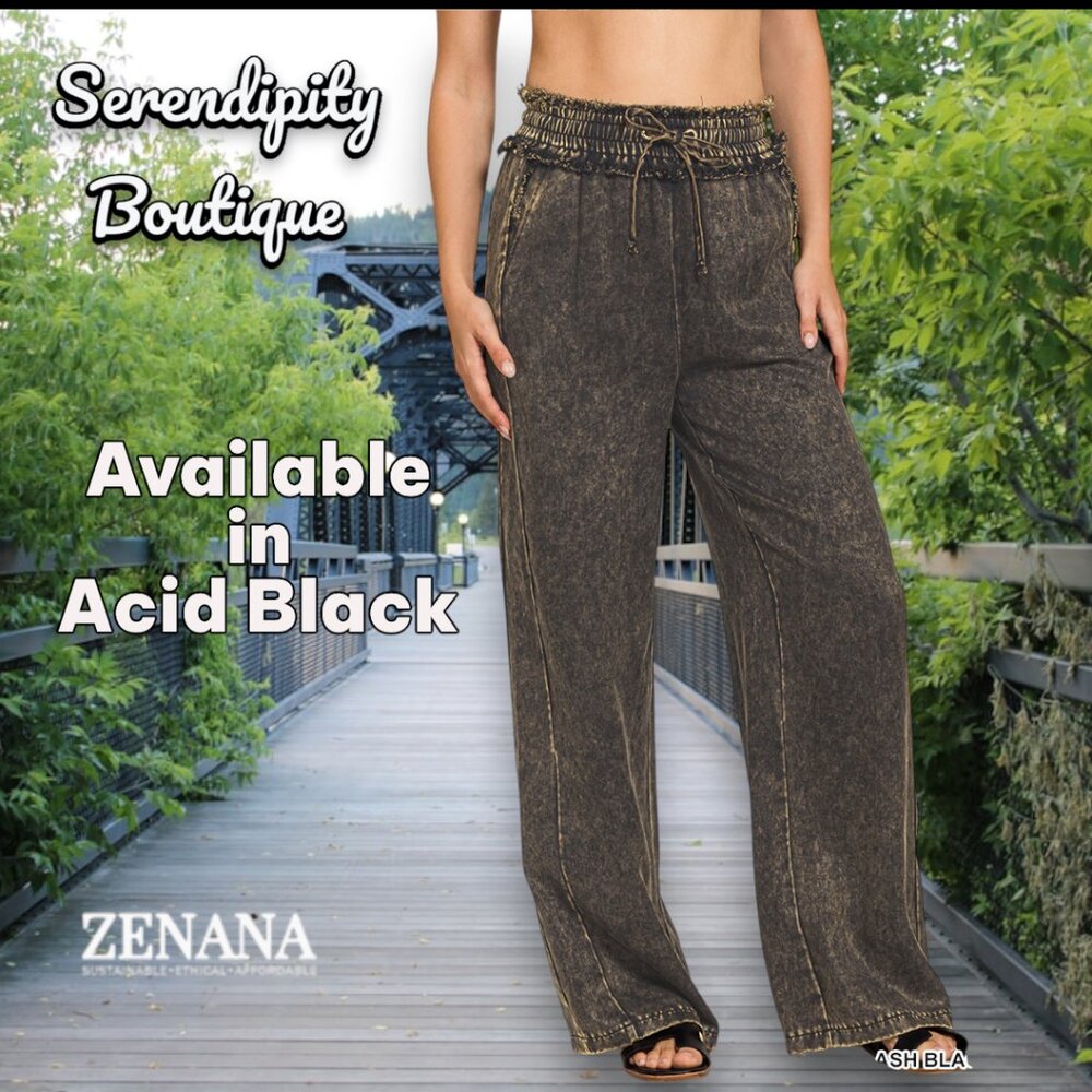 Zenana Mineral Wash Soft Comfy Flare Leg Elastic Drawstring Paper Bag Pants - Picture 9 of 12